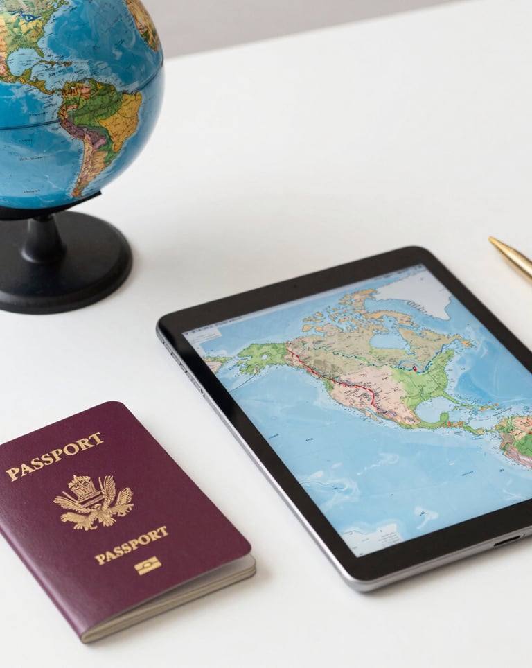 A professional desk with a globe, passport, and high-end digital tablet showing a flight path across a map of North America. Clean, bright aesthetic with gold pen accents.