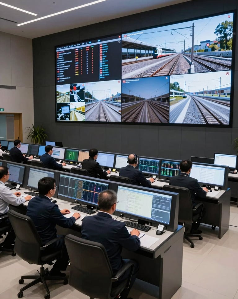 The interior of a high-tech railway traffic control center in Türkiye, with large digital monitoring screens and professional operators working in a clean environment.
