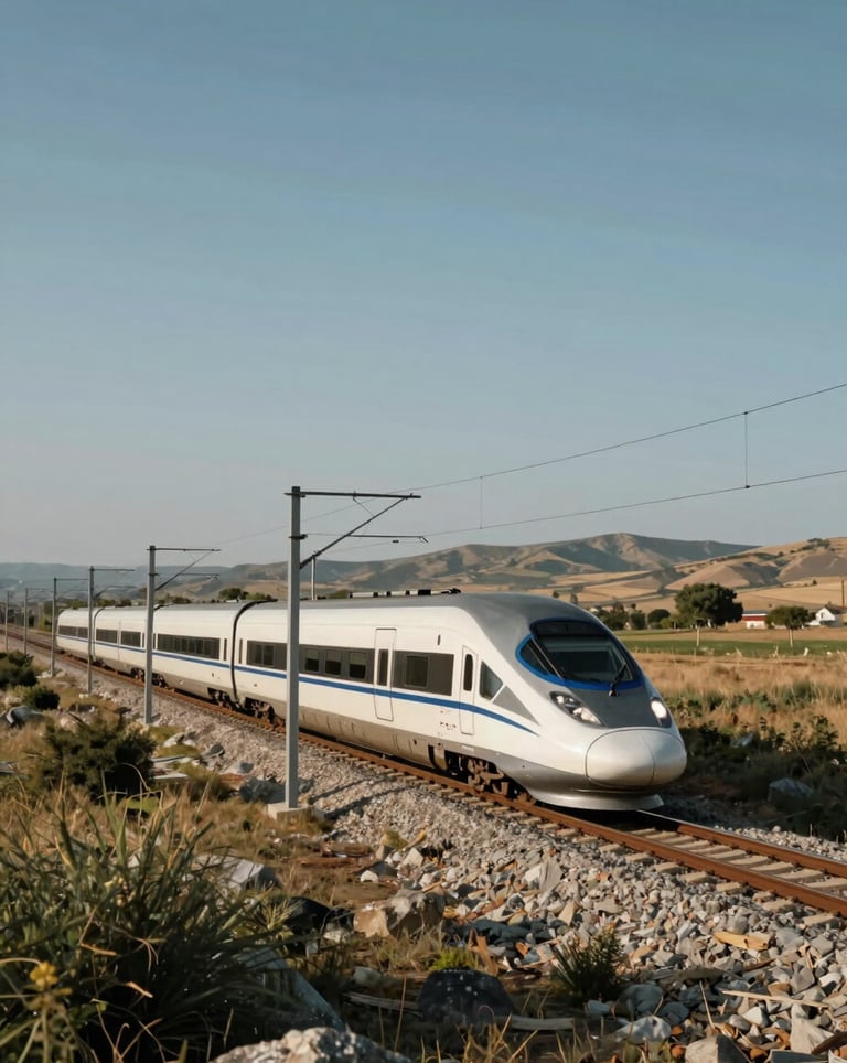 A wide-angle landscape shot in Türkiye featuring a modern high-speed train traveling through the Anatolian countryside under a clear sky, dynamic motion feel.