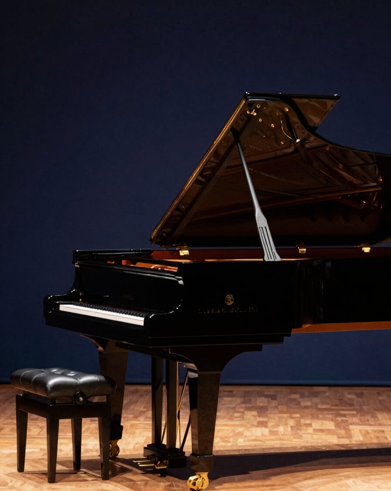 A sleek, black grand piano on a stage in a high-end jazz club. The lighting is focused and warm gold, contrasting with a deep navy blue background. Middle Eastern luxury aesthetic.