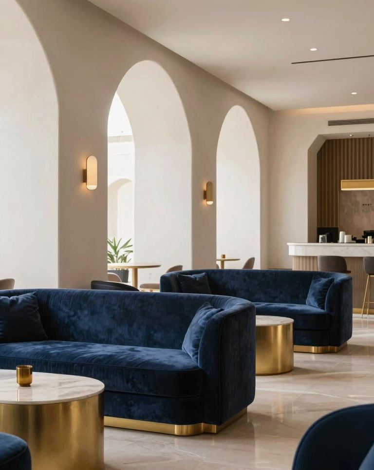 An interior shot of a luxury hotel lounge with minimalist Gulf architecture, velvet seating in navy, and golden accents. A high-end, serene atmosphere for discerning guests.