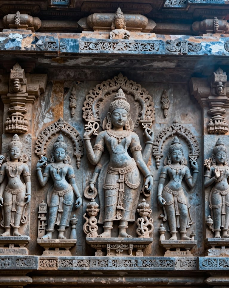 A close-up shot of intricate stone carvings on a historic South Asian / Indian temple wall, with soft shadows and mist blue highlights. Professional architectural photography.