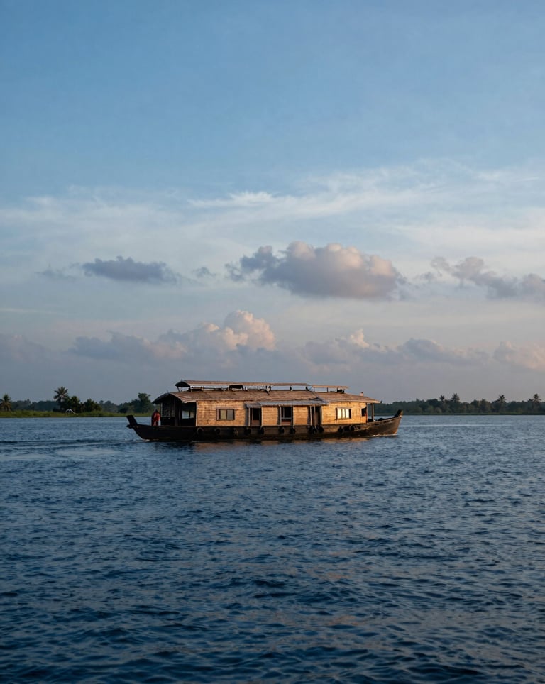 A tranquil view of a houseboat on the Kerala backwaters at sunset. The water is a deep steel blue, and the sky is filled with soft blue and pale grey clouds. Elegant South Asian / Indian landscape.