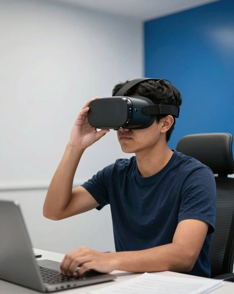 A South American student using a futuristic virtual reality headset for workplace safety training in a modern office with ice white walls and deep blue accents.