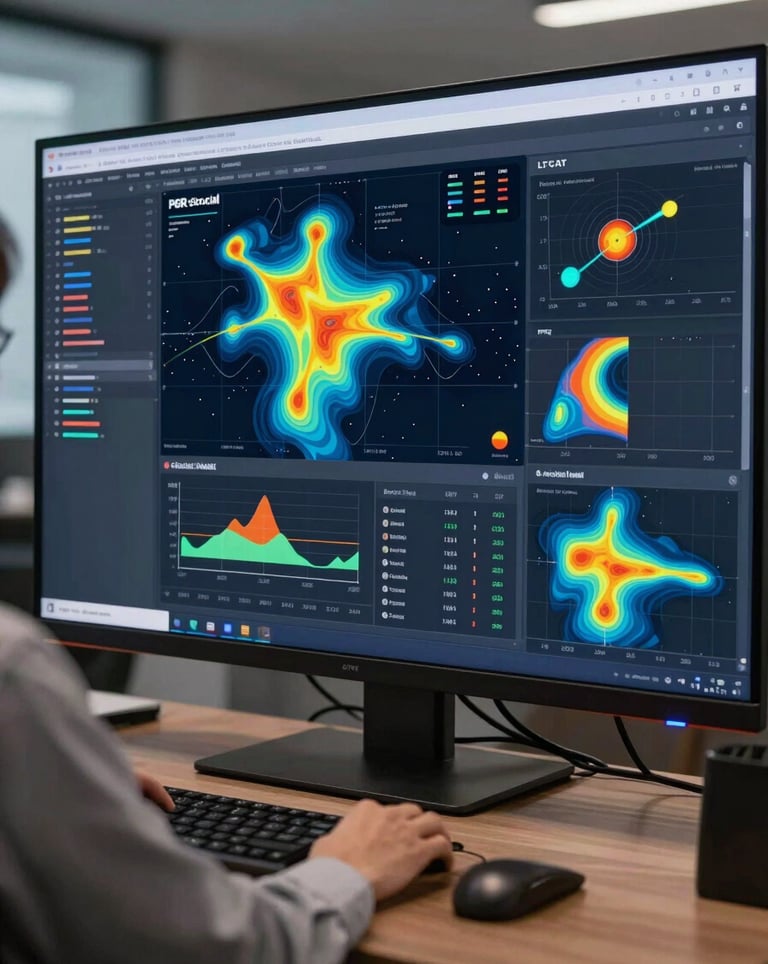 A high-tech executive dashboard on a large screen displaying PGR, eSocial and LTCAT analytics with heat maps and professional data visualization.