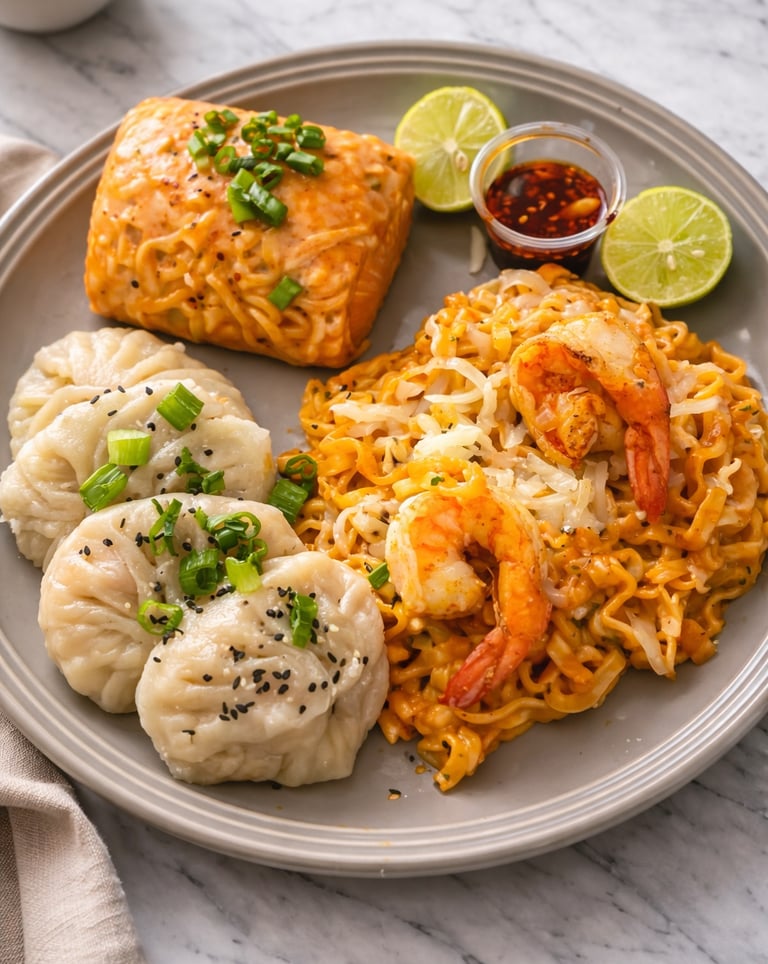 titi box, platillo que incluye cuatro dumplings, un spring roll y buldak con dos camarones