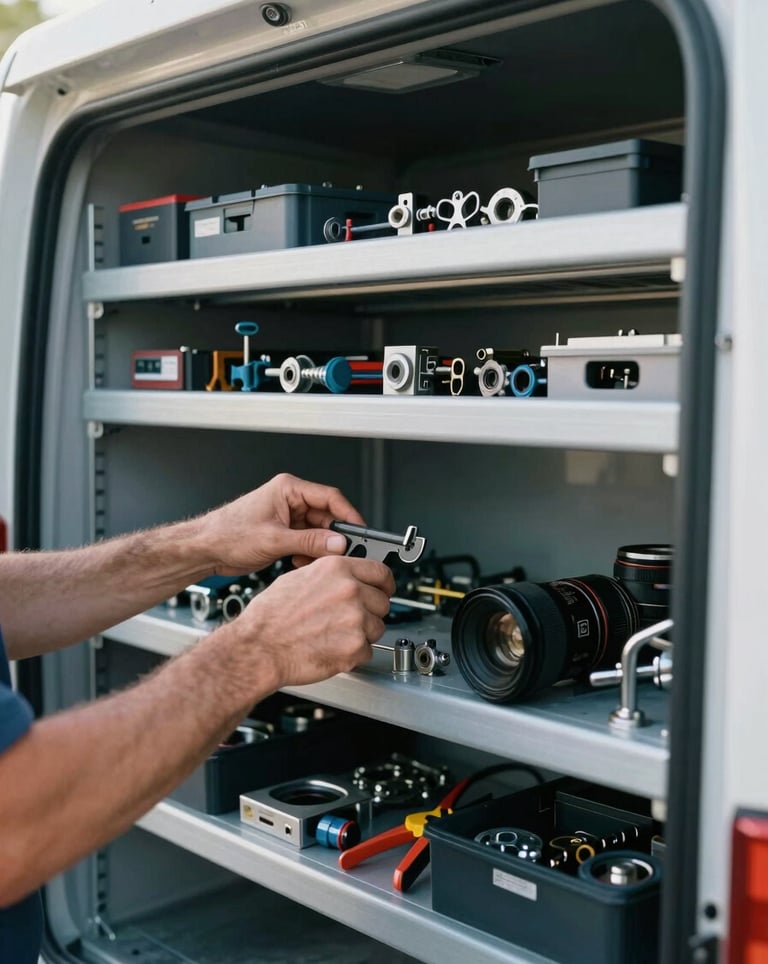NATE-certified technician's hands organizing tools and parts inside a well-stocked service truck, natural daylight, cool industrial tones, sharp focus, 35mm lens, portrait aspect.