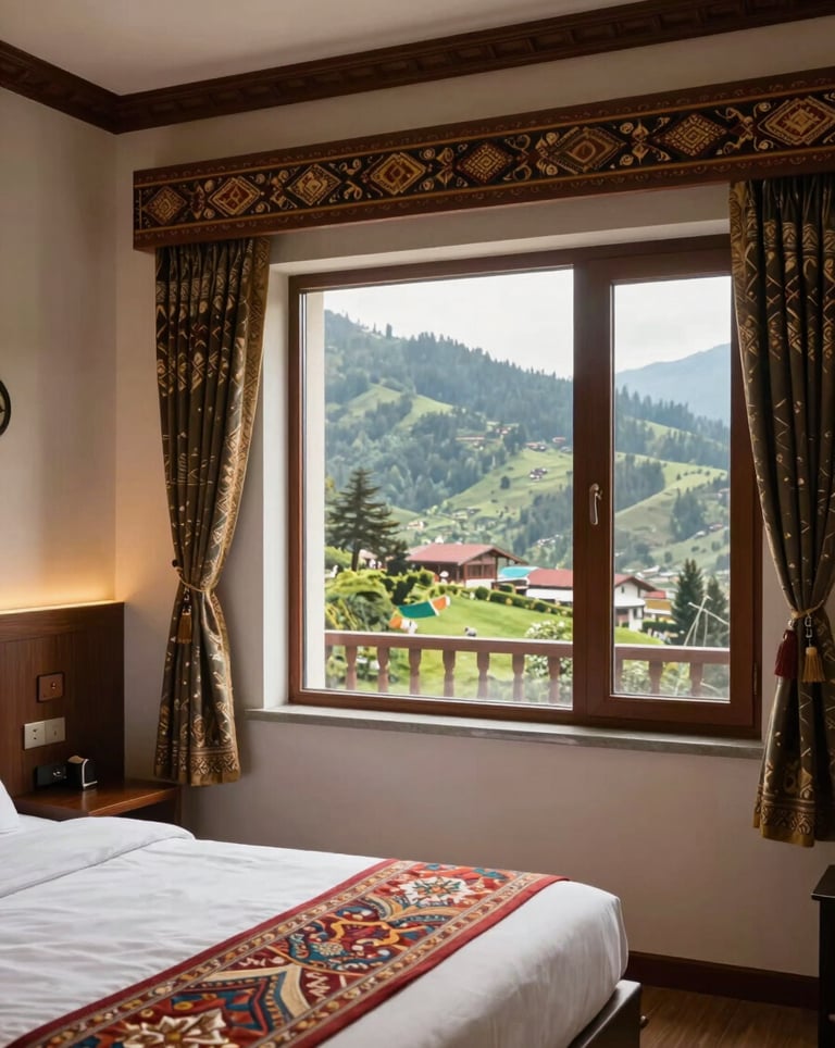 A comfortable and modern hotel room with traditional South Asian / Indian decor accents, featuring a window overlooking a peaceful mountain valley in Shimla.