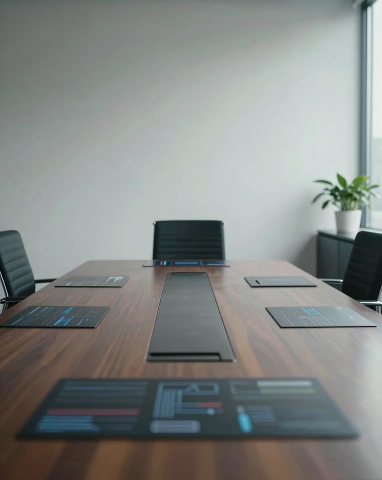 A professional and sophisticated portrait-style shot of a minimalist North American office setting, focusing on a high-end conference table with subtle reflections of digital interfaces in a purpose-driven atmosphere.