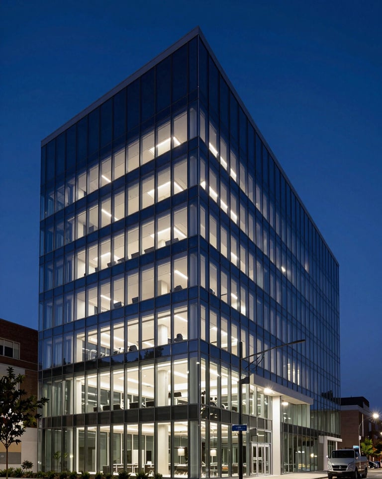 High-end commercial photography of a North American tech headquarters at twilight, showcasing clean modern lines, large glass facades, and soft pale lavender interior glows against a deep navy blue evening sky.