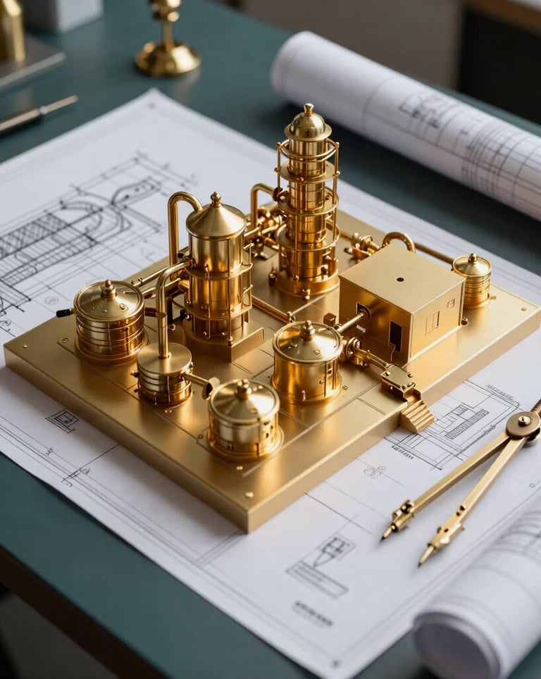 An overhead photograph of a modern industrial blueprint and architectural model of a gold refinery, laid out on a dark teal desk. Elegant gold drawing tools and a compass rest beside the plans in a professional Middle Eastern / Gulf setting.