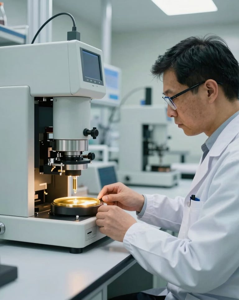 A photograph of a high-tech lab environment within a modern facility in Bahrain. A technician in professional attire, seen from the side, is monitoring high-precision equipment used for gold assaying and purity testing.