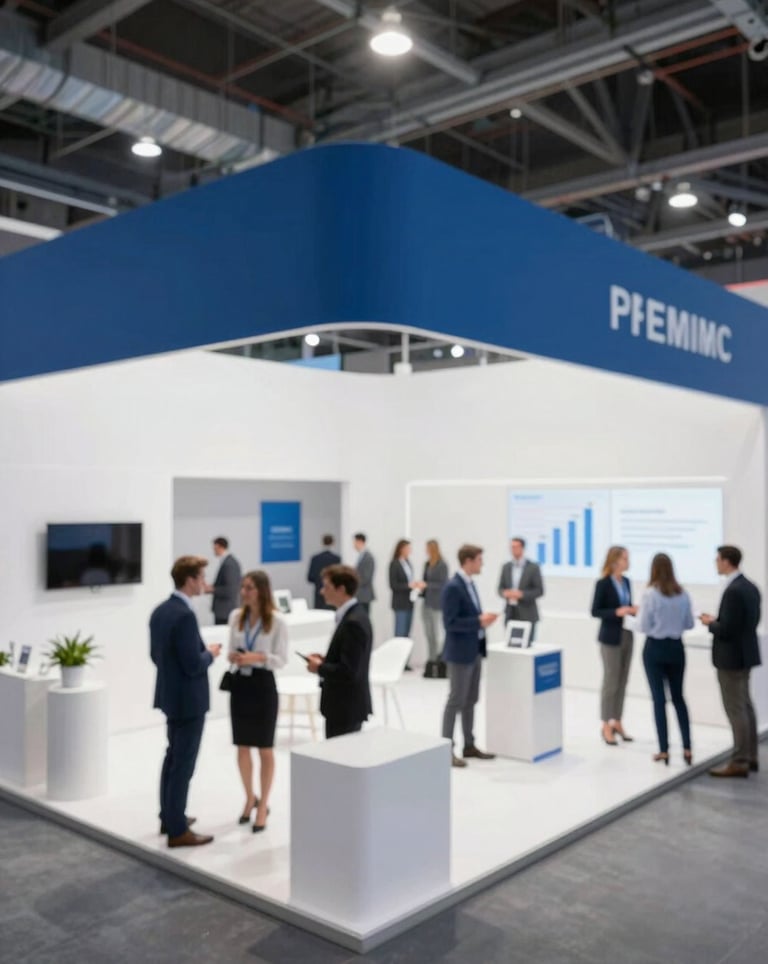 Wide angle of a busy trade show floor, premium minimalist custom-built exhibition stands, business professionals networking, bright high-key lighting mixed with industrial blue.