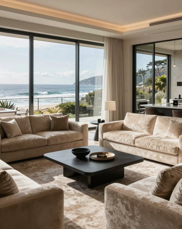 The interior of a luxury living room with floor-to-ceiling windows overlooking the Pacific Coast. Furnished with champagne velvet sofas and charcoal minimalist coffee tables.