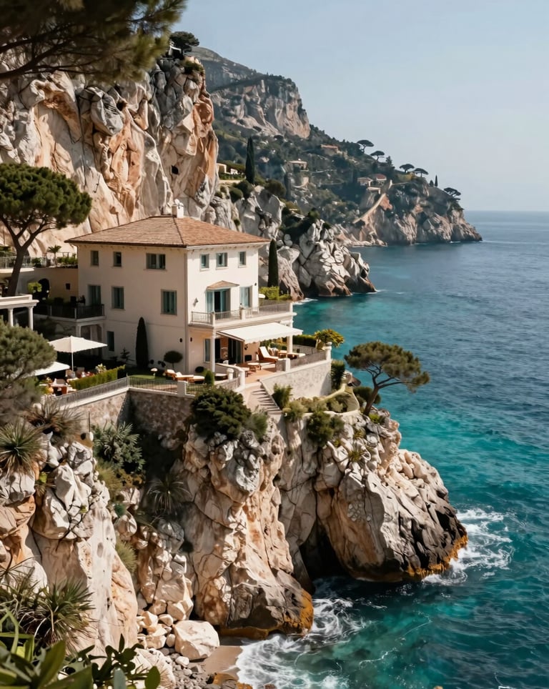 A breathtaking photograph of a luxury Mediterranean estate perched on a cliffside, overlooking turquoise waters. The composition highlights the privacy and exclusivity of the location. Global / Sophisticated Traveler destination.