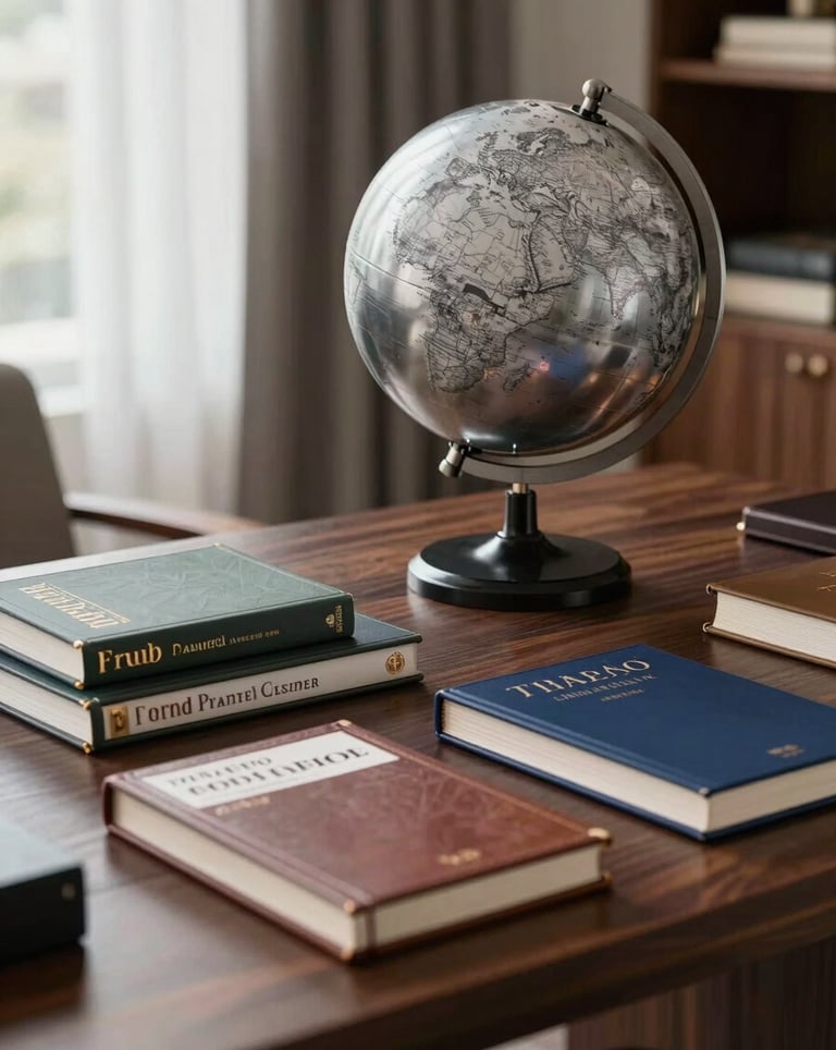 A desk in a high-end home office featuring a modern globe made of silver and navy materials, alongside a collection of luxury travel guides. The atmosphere is professional and globally oriented.