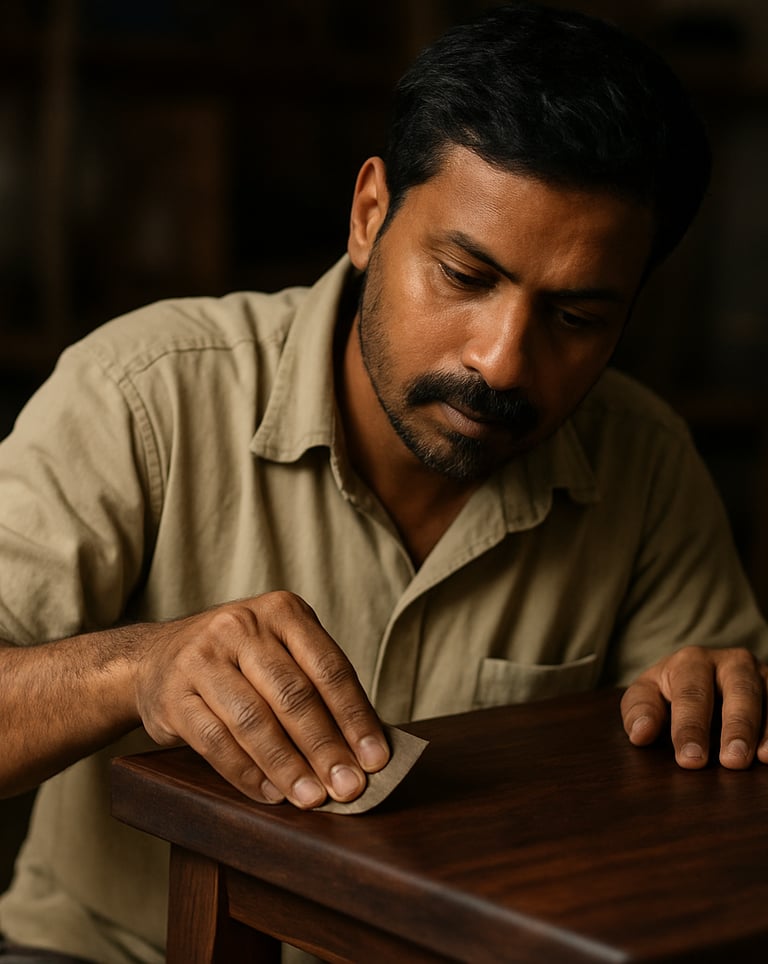 Close-up photography of a skilled South Asian artisan in a Pune workshop, meticulously hand-finishing a dark wood table top with focused lighting.