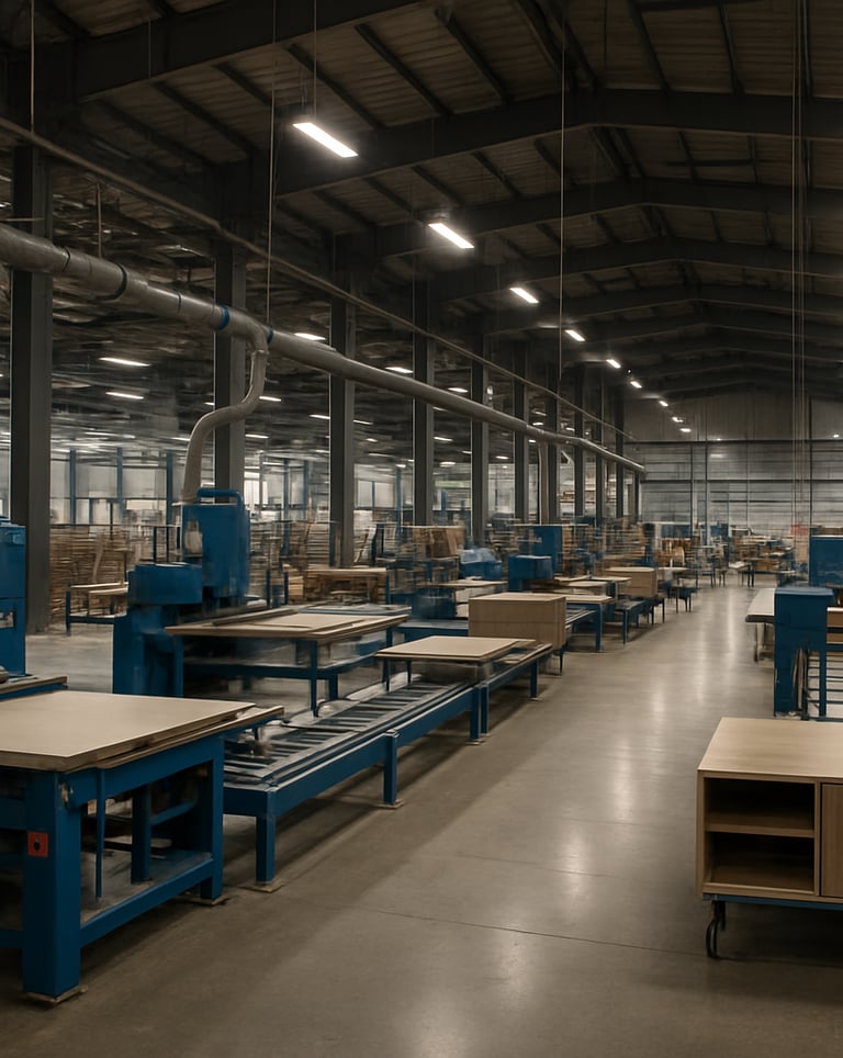 A wide-angle shot of a modern manufacturing facility in Pune, India, showing clean production lines for high-end furniture with steel blue machinery.
