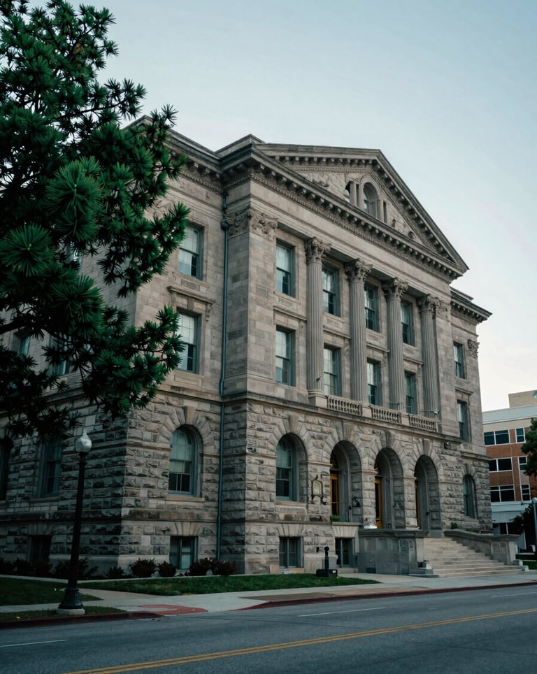 A long-exposure photograph of a historic stone institutional building, such as a courthouse or university hall, in a North American / US city. The image conveys permanence and stability, utilizing shadows and deep pine green tones.