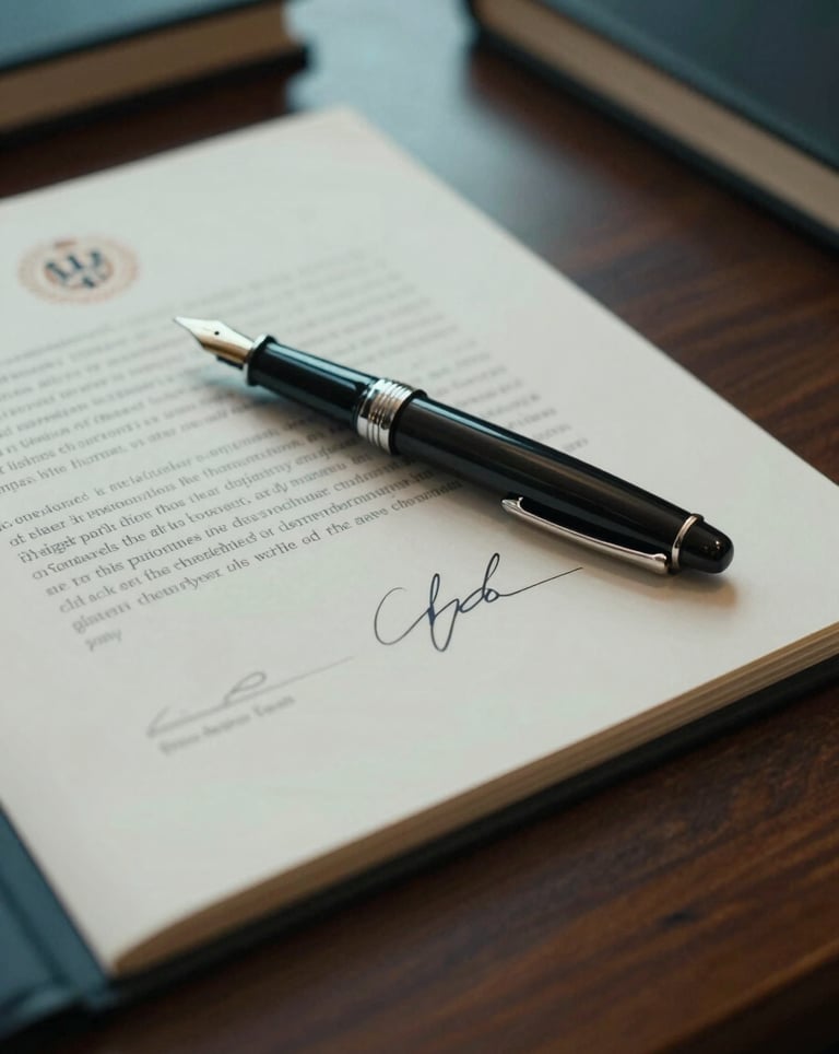 An evocative, close-up photograph of a fountain pen resting on a signed philanthropic agreement. The desk is dark wood, located in a North American / US professional office. The atmosphere is serious and distinguished with deep teal lighting.