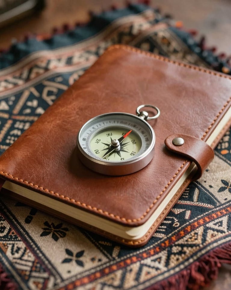 A close-up shot of premium travel leather journals and a silver compass resting on a hand-woven South Asian / Indian silk scarf, warm indoor lighting with a sense of adventure.