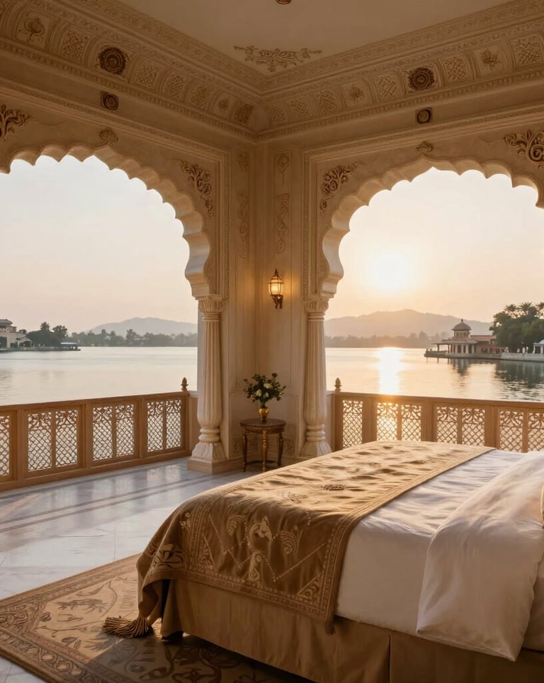 A luxury heritage hotel suite in Udaipur with intricate South Asian / Indian carvings, plush bedding in tan and off-white colors, and a balcony overlooking the lake at sunrise.