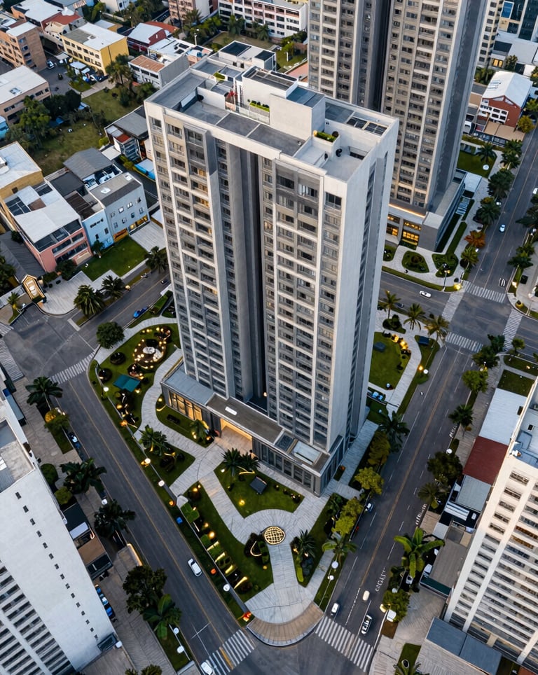 A bird's-eye view of a modern urban residential project in South America / Ecuador. Sleek buildings surrounded by green areas and high security gates, luxury communal spaces, bright daytime lighting.
