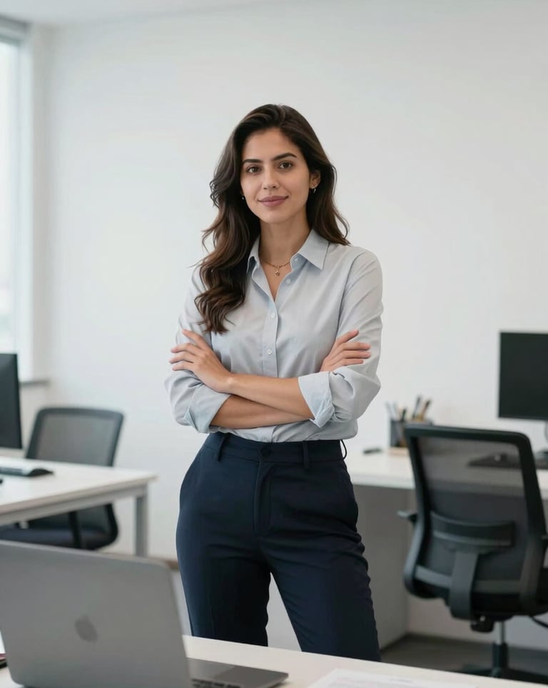 A professional real estate consultant in a modern South American / Ecuadorian office environment. The setting is minimalist with pure white walls and soft light gray furniture, looking confident and reliable.