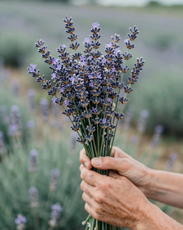 Close up of weathered hands holding a bundle of freshly harvested lavender and wildflowers against a blurred background of a summer field. Colors include sage and muted teal.