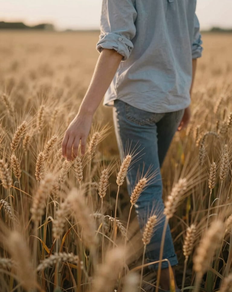 A person walking slowly through a sun-drenched wheat field at dusk, their hand brushing the tops of the grain. Serene, peaceful atmosphere with a focus on #F5F3ED and #B2CAA8 hues.