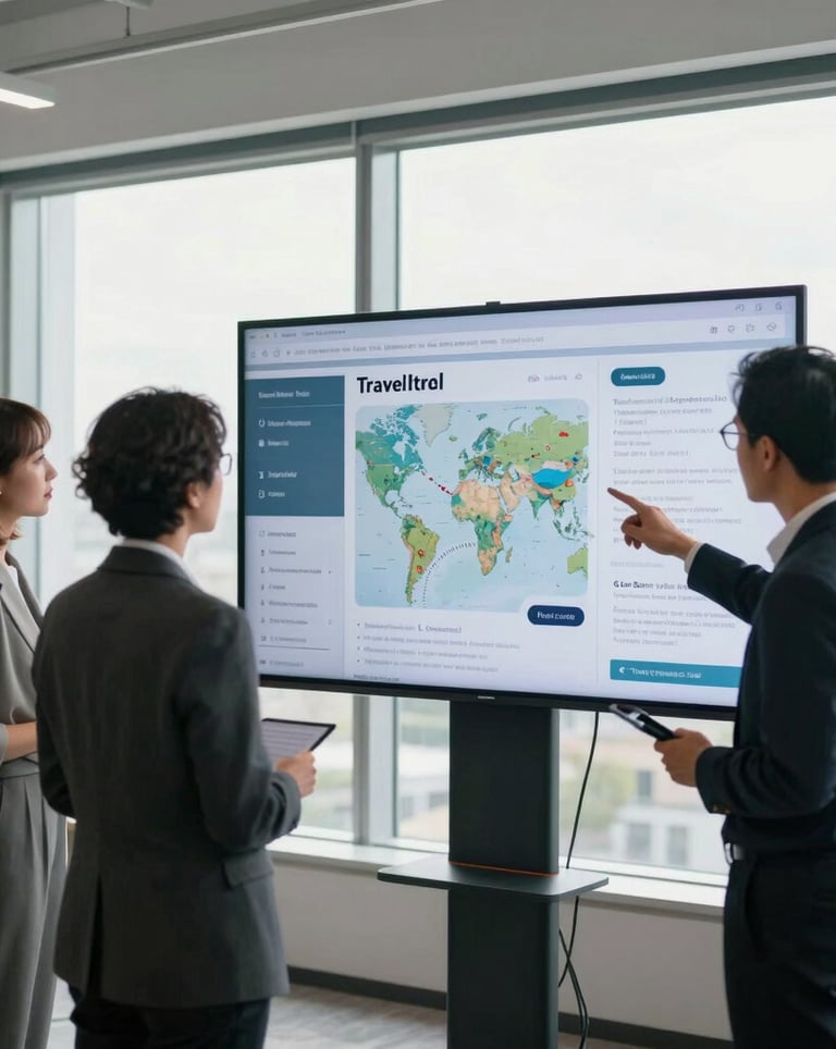 A professional team of consultants working in a bright, modern North American office with large windows, discussing travel plans on a large digital display.