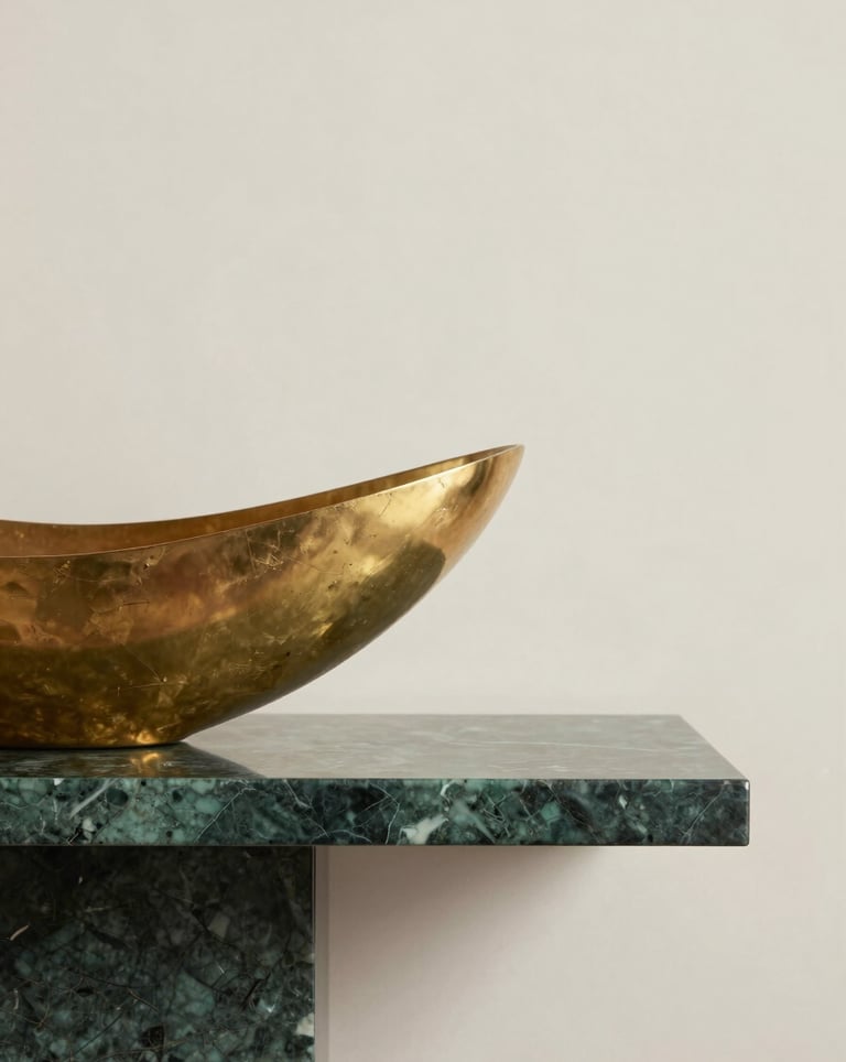 A minimalist architectural detail showing a metallic gold sculpture placed on a royal dark green marble shelf against a cream background.