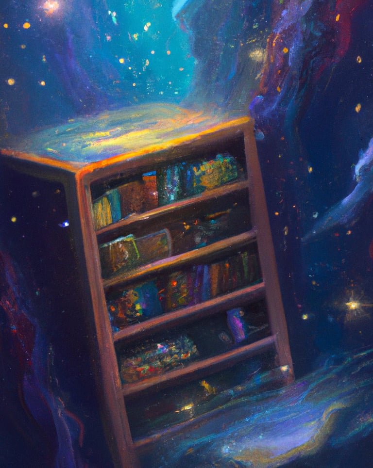 A celestial bookshelf floating in the cosmos, filled with starry books and celestial maps