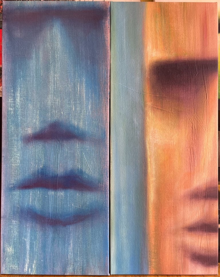 two side-by-side vertical paintings of MOAI faces