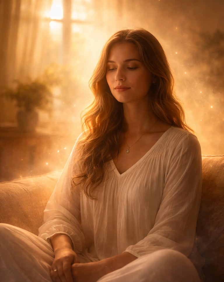 A peaceful woman meditating in golden sunlight, practicing mindfulness and spiritual wellness at home.