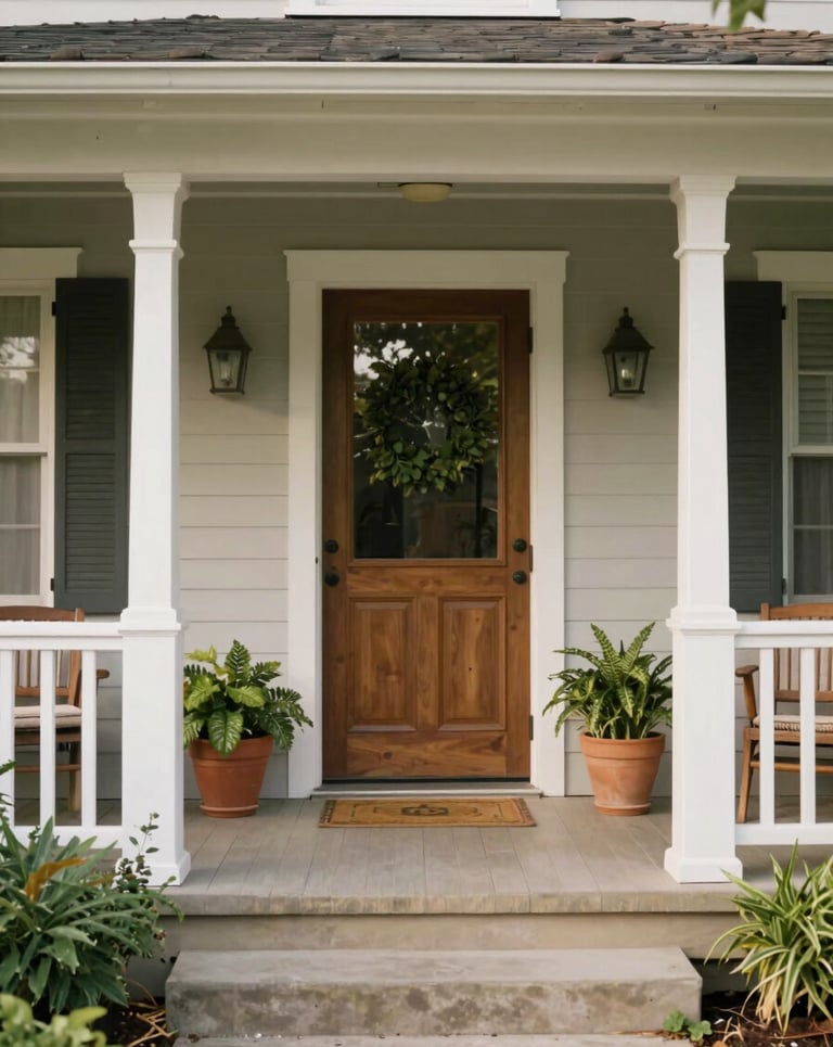 A warm, welcoming front porch of a tidy residential home, green plants, soft natural daylight, straight-on honest framing.
