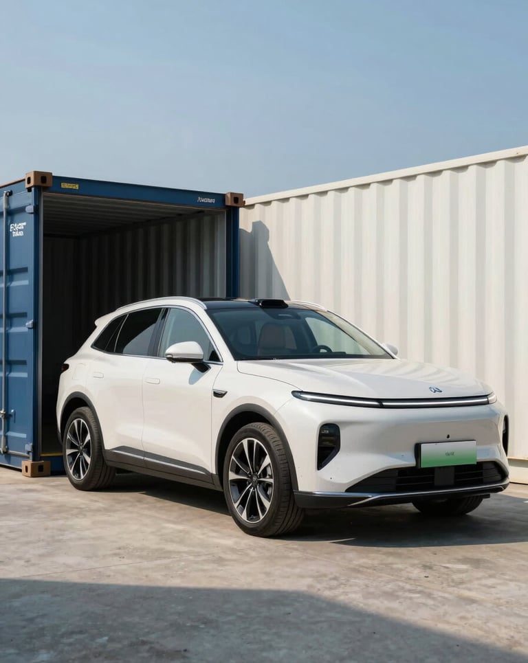 A modern, bright luxury vehicle being carefully driven into a clean shipping container. Professional lighting, steel blue and off-white tones. Global Business.