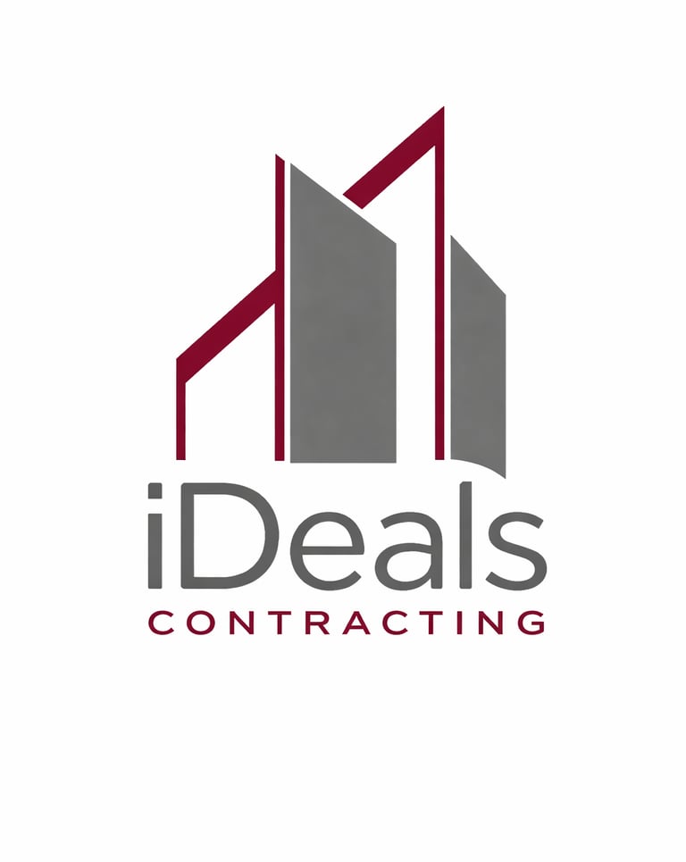 iDeals Contracting company logo featuring a modern gray and maroon architectural building icon.