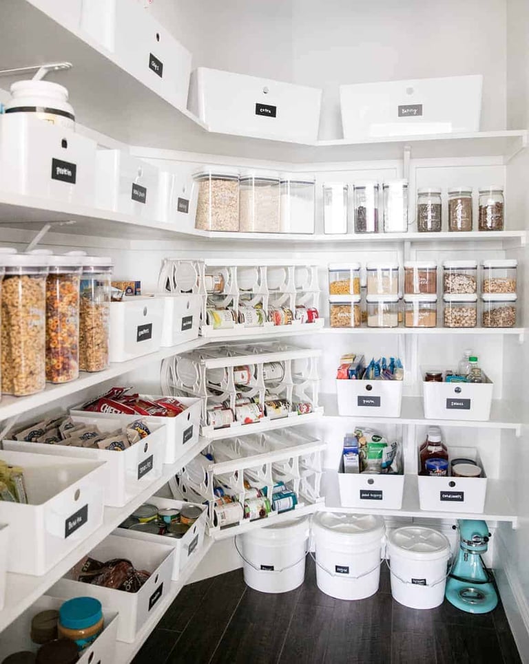 an organized pantry with food storage containers