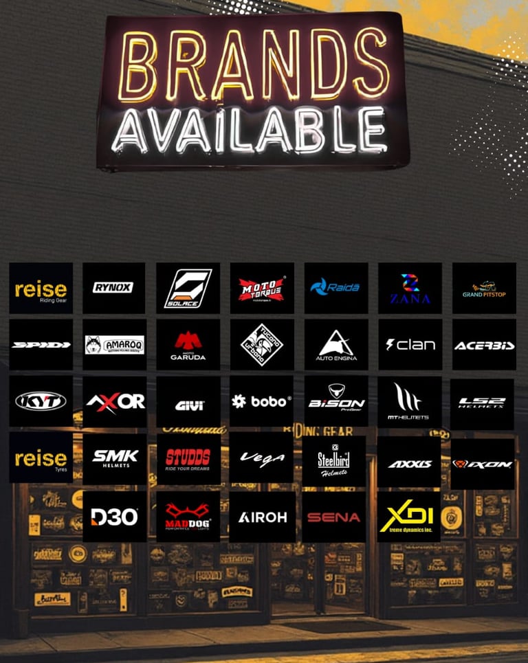Neon sign reading Brands Available above logos for motorcycle gear brands like Rynox, SMK, and Axor.