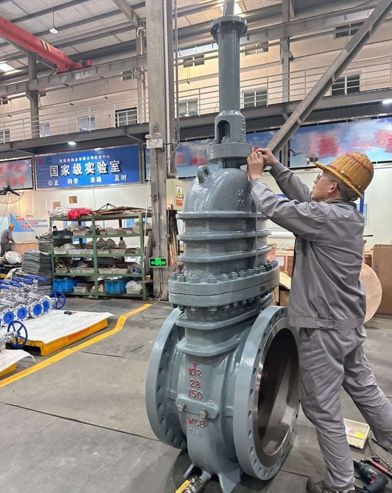 A technician inspects a large industrial WCB steel gate valve in a manufacturing facility.