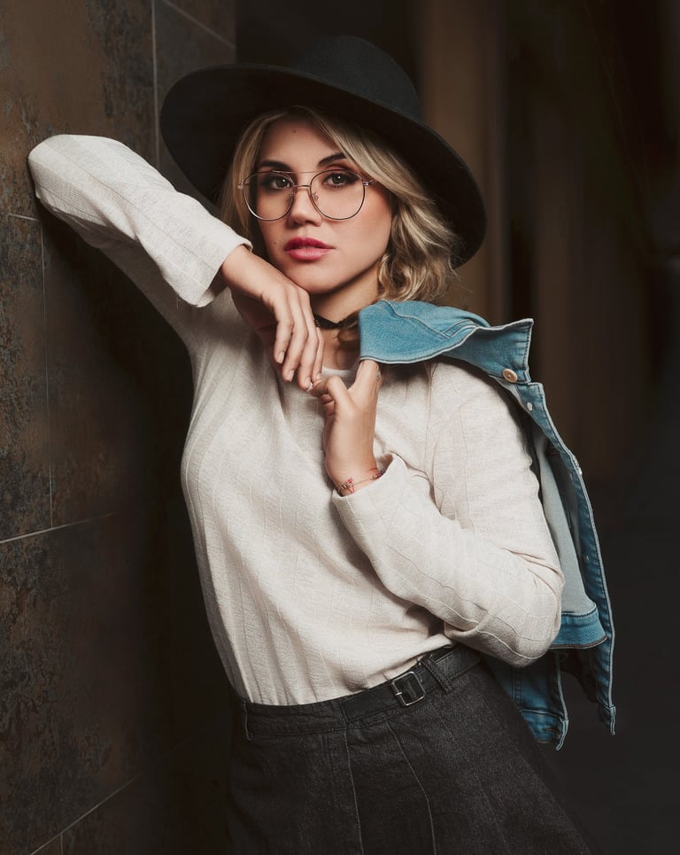 a woman in a hat and glasses poses for a picture