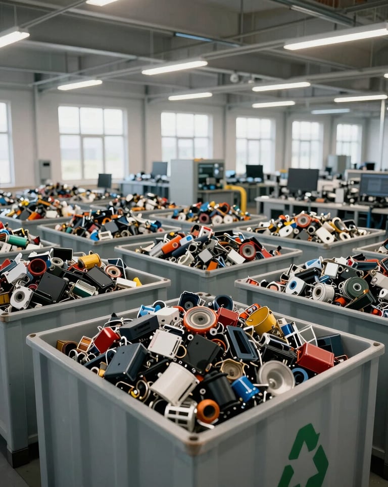 A wide-angle photo of a bright, modern Western European recycling facility specialized in electronics. Large containers filled with sorted components, soft natural light, very clean and organized.