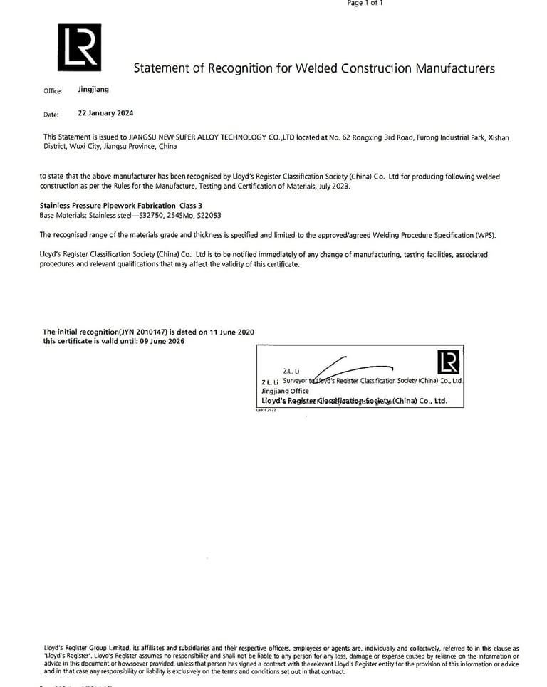 LR Welded Construction Manufacturers Certified