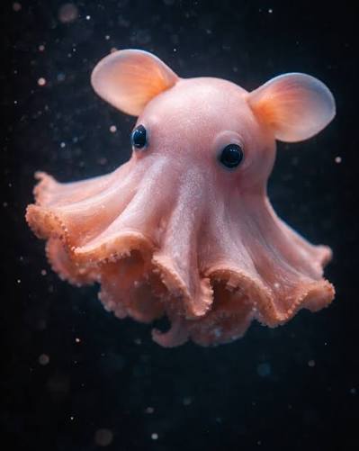 A cute pink dumbo octopus with large ear-like fins swimming in deep sea water.