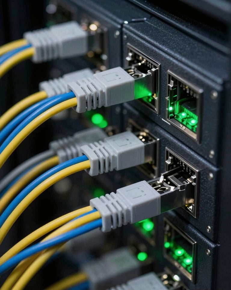 Close-up macro shot of structured network cabling, ultra-neat color-coded bundles secured with precision, subtle green status LEDs glowing in a dark server room, crisp industrial photography
