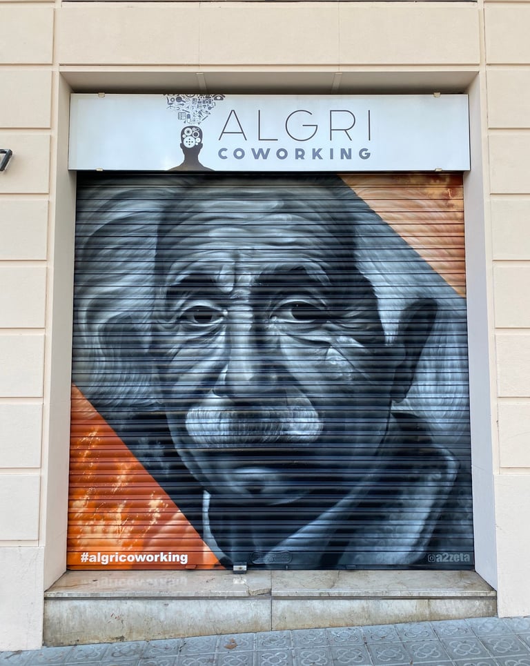 Intervención artística sobre persiana metálica pintada con spray. Diseño figurativo contemporáneo co