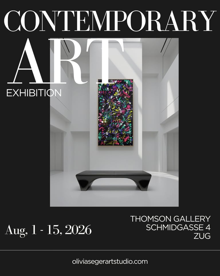 Poster for a Contemporary Art Exhibition at Thomson Gallery featuring abstract painting in a modern hall.