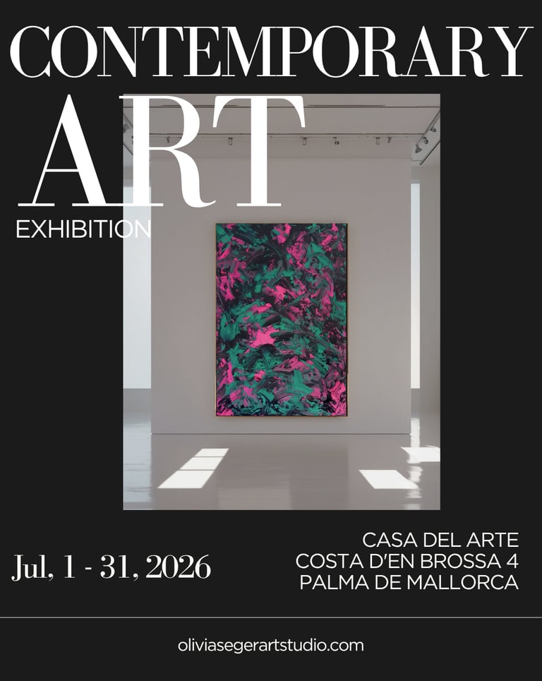 Contemporary art exhibition poster featuring an abstract pink and green painting in a white gallery space.