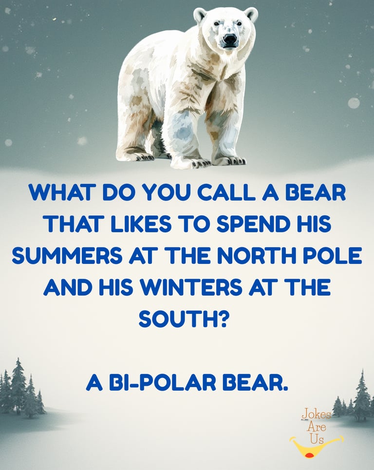 Polar bear with text about being a "bi-polar bear" enjoying summer at North Pole & winters at south.